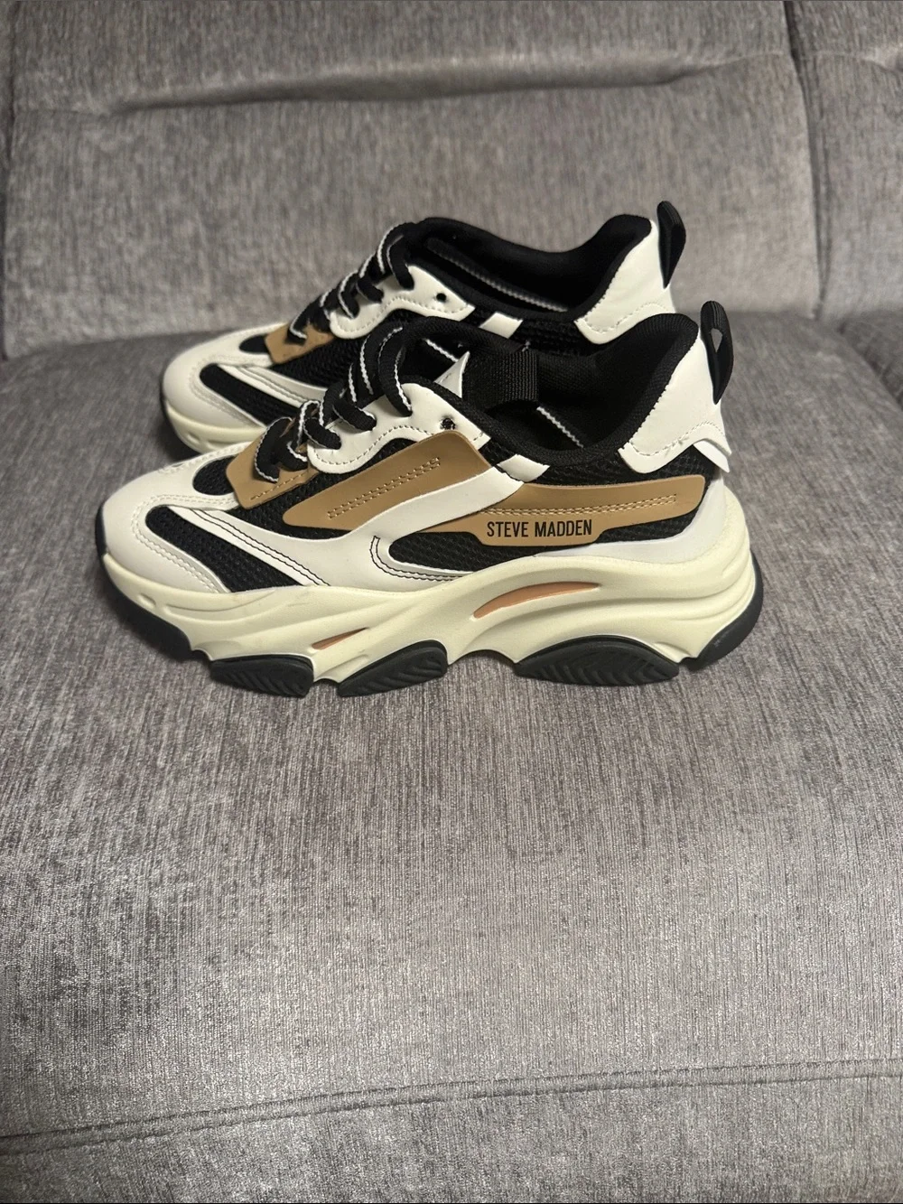 Steve Madden Chunky Lace-Up Sneakers — Black, White & Tan Women’s